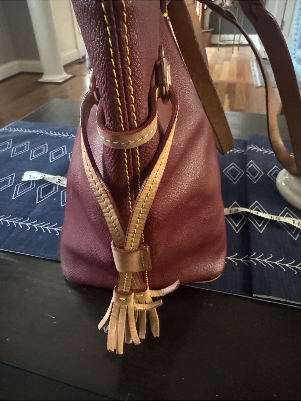 Dooney & Bourke Burgundy Leather Tote with Tan Trim - Picture 4 of 7